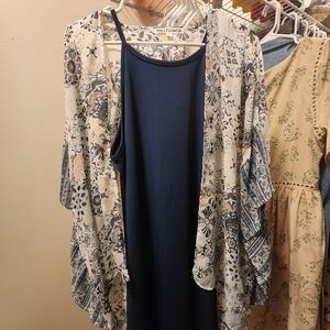 Blue wallflower dress with kimono cardigan